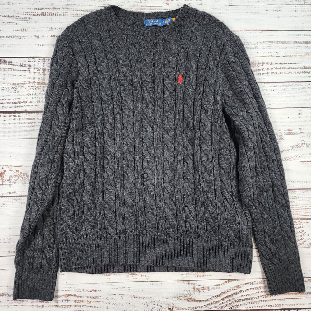 Polo Ralph Lauren Cable Knit Cotton Sweater Mens Large Gray Crewneck Red Pony